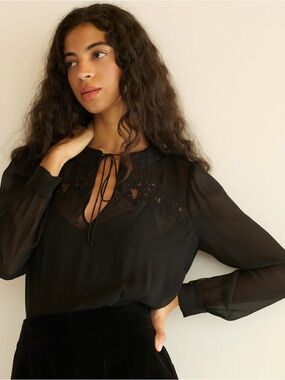 Doen Liora Top in Black | 40’s Inspired | Silk Chiffon Lace Insert | Medium NWT